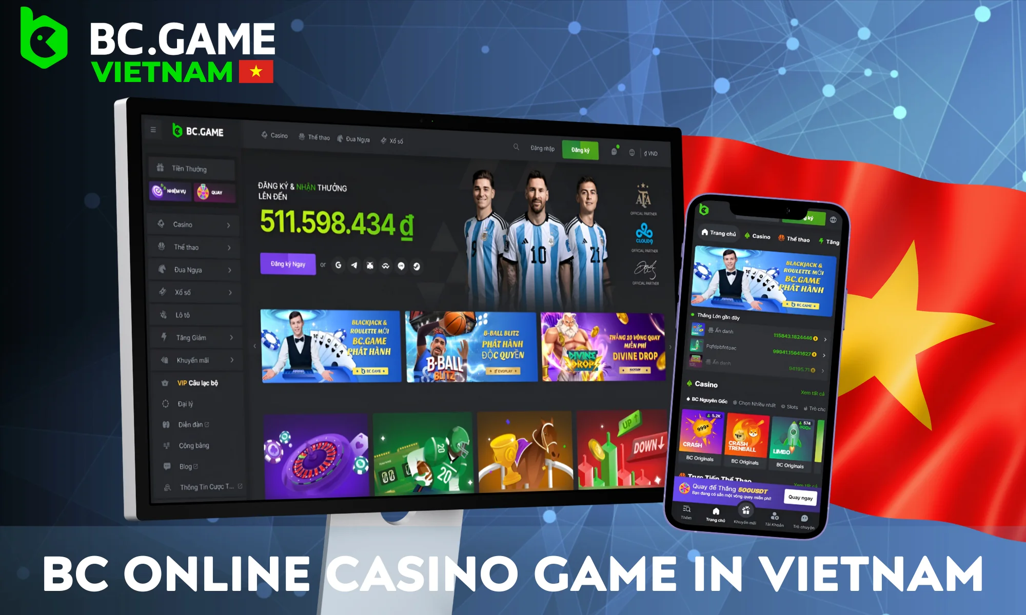 Overzichtsscherm van BC Game Casino interface met spellen en promoties