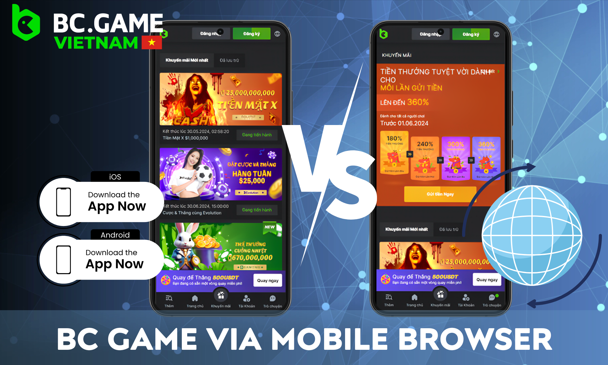 Compare the functionality of the BC Game application via browser and application